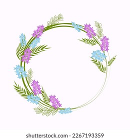 Round frame of spring flowers and twigs. Vector flat illustration. Wedding card decoration. Greeting card. White background