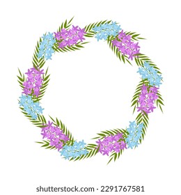 Round frame of spring flowers and twigs. Vector flat illustration. Wedding card decoration. Greeting card. White background.