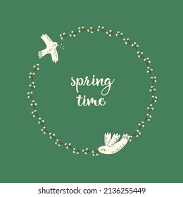 Round frame with spring twigs and birds.
