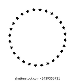 Round frame with stars arranged in a circle isolated on white background. Prize, success or award banner. Starry ring emblem with empty space. Vector graphic illustration. 