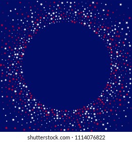 Round Frame of Stars Confetti in White, Blue, Red, Navy Colors. USA Concept Poster Pattern Design. American Democracy Texture. Flyer, Cover Stars Background.