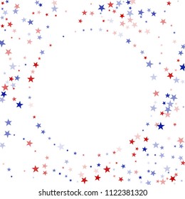 Round Frame of Stars Confetti in White, Blue, Red, Navy Colors. USA Cover Pattern Design. Freedom Nation Texture. Business Presentation Print Design Background.