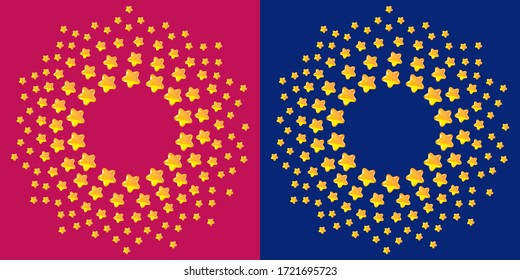 Round frame with stars and space for text. Frame of stars of various size on blue and pink background.