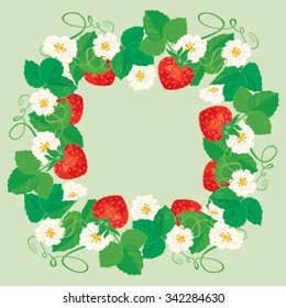 Round frame with Strawberries, flowers and leaves isolated on gray background.