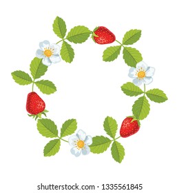 Round frame with strawberries and leaves. Vector