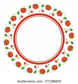 Round frame of strawberries with restrictive border inside. Simple spring decoration of the plant elements in a flat style.