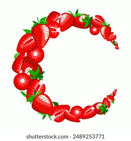 round frame with strawberries, ripe strawberries in the shape of a wreath, a crescent moon. vector illustration of juicy sweet red berries, drawn in whole and in parts in a cartoon style