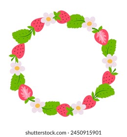 Round frame of strawberry pattern. Strawberry wreath. Perfect as a photo frame, for scrapbooking, postcards, posters, invitation cards.