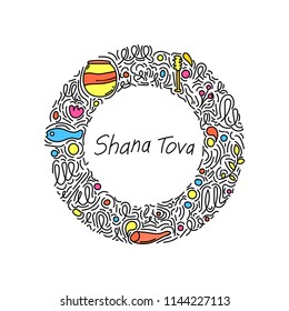 round frame in the style of doodle Shana Tova, Rosh Hashanah
