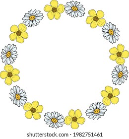 Round frame with stylish flowers buttercups and chamomile on white background. Vector image.