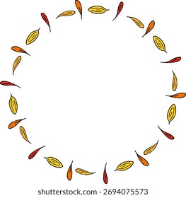 Runder Rahmen in stylischen roten, orangen und gelben Blütenblättern auf weißem Hintergrund. Vektorbild.