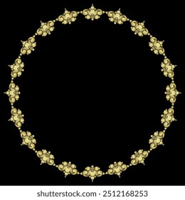 Round frame with stylized flowers. Circular border with floral motifs. Folk style. Golden glossy silhouette on black background.