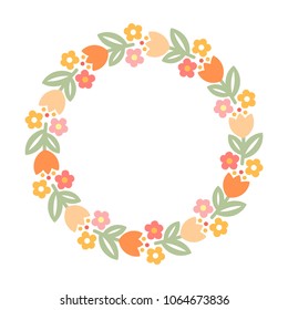 Round frame of stylized minimalistic flowers. Vector element of decoration for card or invitation. Isolated. Cute tender colors