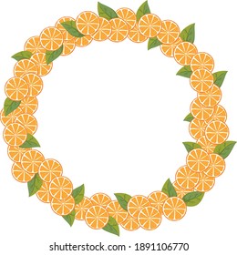 round frame of stylized orange grapefruits in a cut, with green leaves, the image of citrus, freshness, sour, summer flavor, vector in a chaotic manner