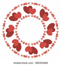 Round frame with stylized red heart and winding elements. Decorative element for design for weddings, Valentine's Day, parties for young people.
