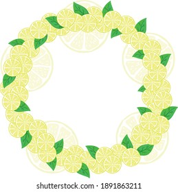 round frame of stylized yellow lemons in a cut, with green leaves, the image of citrus, freshness, sour, summer flavor, vector in a chaotic manner