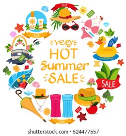 Round frame with subjects summer holiday resort and attributes. Elements for design of advertising products, stores, travel agencies.