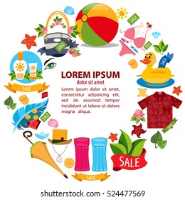 Round frame with subjects summer holiday resort and attributes. Elements for design of advertising products, stores, travel agencies.