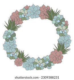 Round frame of succulent cactus, hand drawn plant border isolated on white background