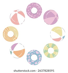 Round frame with summer beach objects on a white background. Inflatable ball and circles for the pool.  Flat style, pastel colors. Perfect for summer-themed designs, children's products