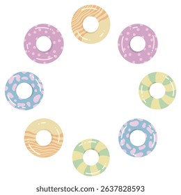 Round frame with summer beach objects on a white background. Inflatable ball and circles for the pool.  Flat style, pastel colors. Perfect for summer-themed designs, children's products