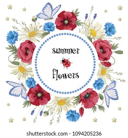 Round frame of summer flowers. Decorative border