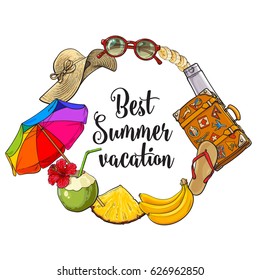 Round frame of summer time vacation attributes, beach holiday banner design, sketch style vector illustration isolated on white background. Hand drawn summer objects, symbols, elements as round frame