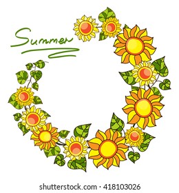 Round frame with sunflowers and green leaves. Vector illustration