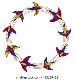 Round frame of swallows and lines. vector. hand drawing. Template frame design for card. Can be used for packaging, invitations