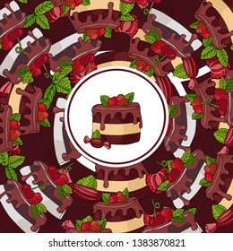 Round frame with sweet cakes with berry and mint leaf isolated. Food design for pastry menu and other food card.
