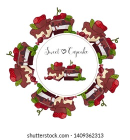 Round frame with sweet cakes with berry and mint leaf isolated. Food design for pastry menu and other food card.