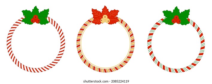 Round frame sweet candy cane. Christmas border with holly leaves. Vector illustration isolated.