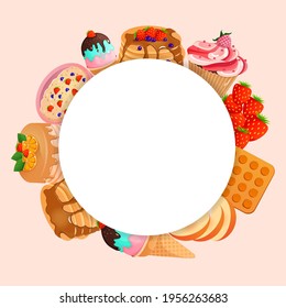 Round frame with sweets, cake, pancakes, ice cream, belgian waffles, cupcake, strawberries, raspberries, peaches for your design on a pink background. Vector illustration. Healthy food concept.