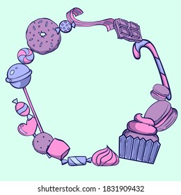 Round frame of sweets on a blue background