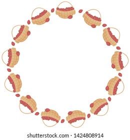 Round frame template of baskets with whole fresh strawberries and strawberries outside on a white background. Vector.