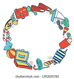 Round frame template with colorful beach objects. Vector outline hand drawn illustration on white background