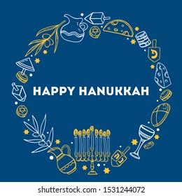 Round frame template with Hanukkah objects and food. Hand drawn outline vector sketch illustration. Yellow and white on blue background. Greeting design template