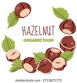 Plantilla de marco redondo con avellanas y hojas verdes en estilo plano. Ideal para el diseño de envases de alimentos, etiquetas de Producto, carteles, Anuncios y la marca de nueces