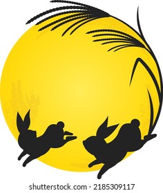 Round frame template with rabbits, silver grass and moon