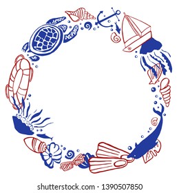 Round frame template with sealife and beach objects. Vector outline hand drawn illustration red and blue on white background
