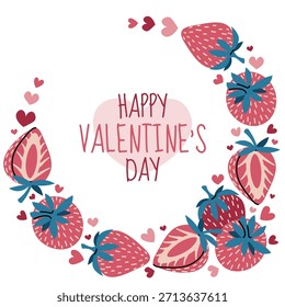 Plantilla de marco redondo con fresa y corazones en estilo plano. Día de San Valentín, día de la madre, aniversario, regalo de amor. Para el borde de la foto, publicación de redes sociales, invitación, etiqueta, embalaje, tarjeta, Anuncio