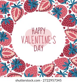 Runde Rahmenschablone mit Erdbeere und Herzen im flachen Stil. Valentinstag, Muttertag, Jahrestag, Liebesgeschenk. Für Foto-Rahmen, Social-Media-Post, Einladung, Etikett, Verpackung, Karte, Banner.