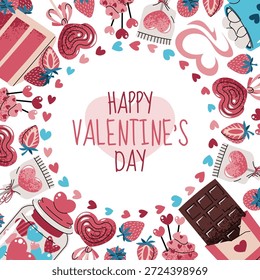 Plantilla de marco redondo con dulces, pastel, chocolate, fresa, dulces y corazones. Día de San Valentín, boda, aniversario, fiesta de amor. Dulce romance. Para la etiqueta engomada, etiqueta, invitación, embalaje, postal.