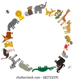 Round frame for text  Animal Africa: parrot Hyena Rhinoceros Zebra Hippopotamus Crocodile Turtle Elephant snake camel mosquito tsetse ostrich lemur Monkey Fennec Leo Leopard Giraffe buffalo. Vector 