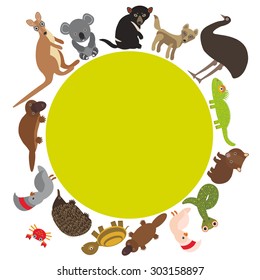 Round frame for text Animals Australia: Echidna Platypus ostrich Emu Tasmanian devil Cockatoo parrot Wombat snake Monitor lizard turtle kangaroo dingo. Vector