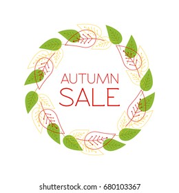 Round frame with the text "Autumn sale". A wreath of leaves isolated on a white background. Vector sale banner