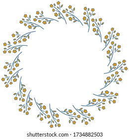 Round frame for text of blue-yellow abstract flower branch with blooming buds and leaves on a white background. Cute scandinavian style. Spring and summer isolated template. Hand drawing. Vector.