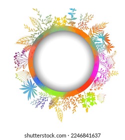 Marco redondo para texto con flores de color y hierba. Coloca tu texto. Ilustración del vector