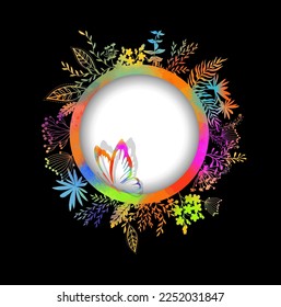 Round frame for text with colored flowers and grass on a black background with butterflies. Place for your text. Vector illustration