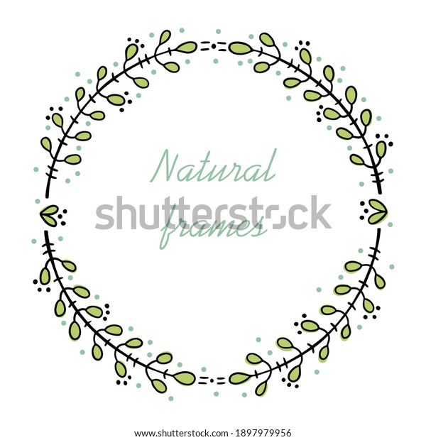 Round frame for text decoration in doodle\
style. Natural style, branches, plants, flowers. Black outline and\
colored accents on a white\
background.